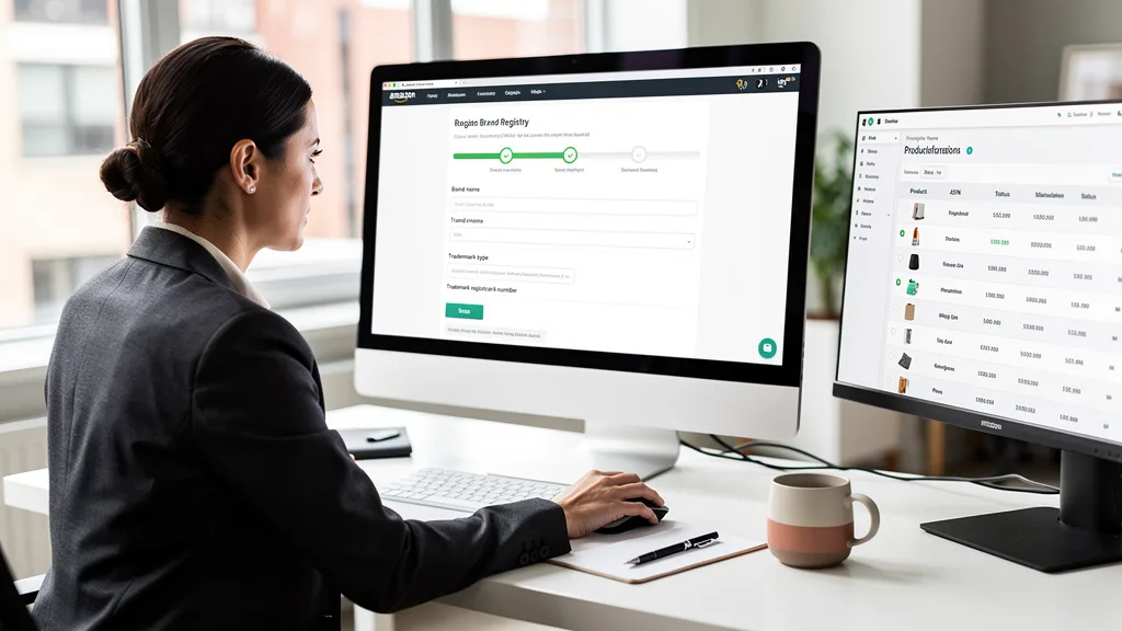 A seller carefully entering their trademark information into the Amazon Brand Registry application form.