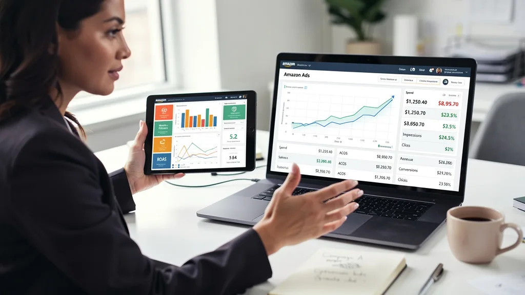 An Amazon Ads dashboard showing positive campaign performance with key metrics like spend and sales.