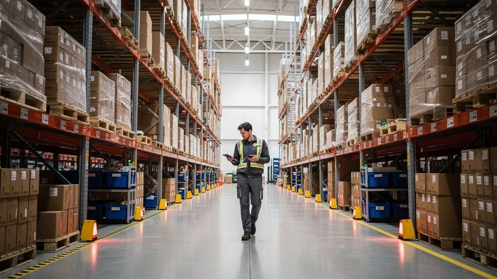 Click to manage / replace image Neatly organized shelves in an Amazon FBA warehouse, showing how inventory storage space is calculated.