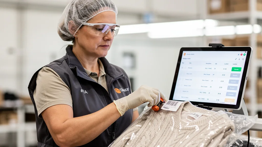 An FBA worker correctly applying an FNSKU label to a packaged apparel item, covering the original UPC.