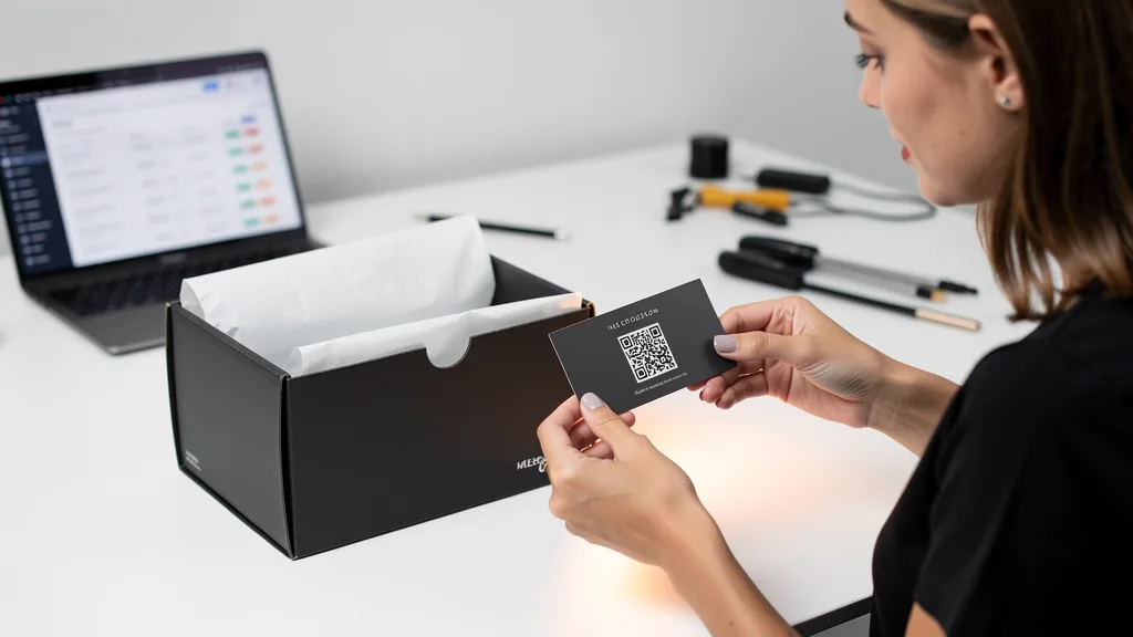 A product insert card with a QR code placed next to the product packaging.