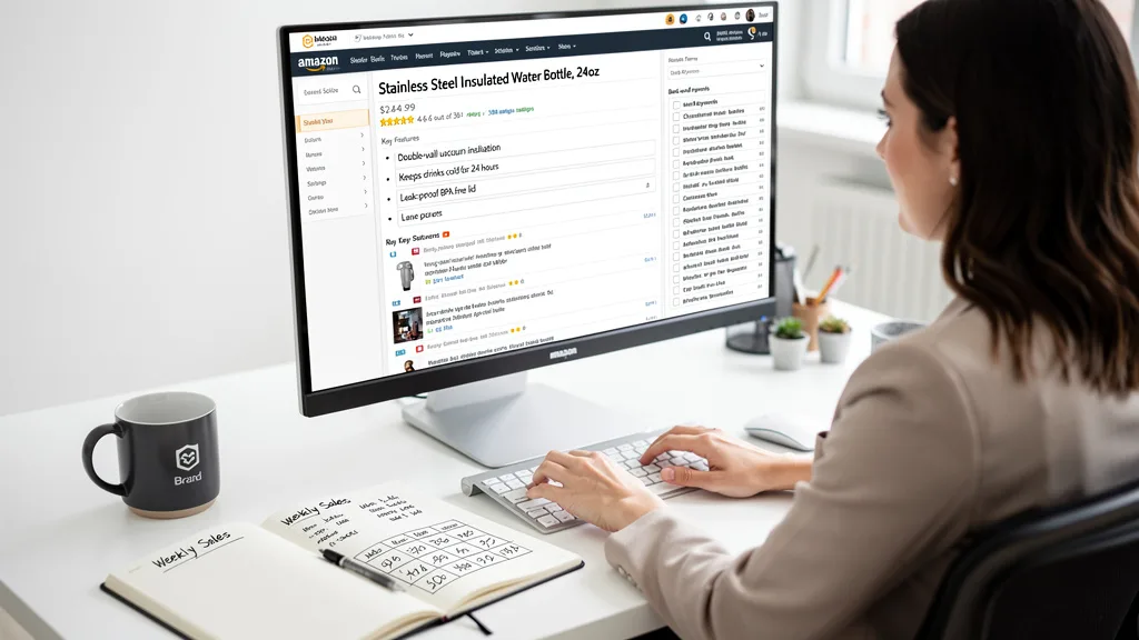 Click to manage / replace image Seller conducting Amazon keyword research using the search bar autocomplete feature.
