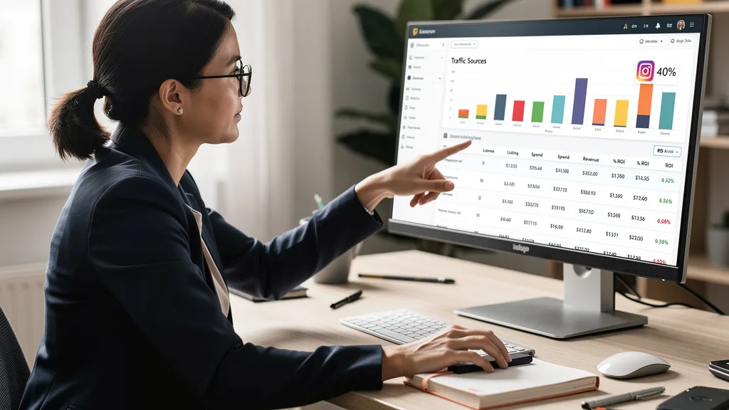 Click to manage / replace image A computer screen showing a marketing analytics dashboard tracking traffic and ROI from Instagram to Amazon.