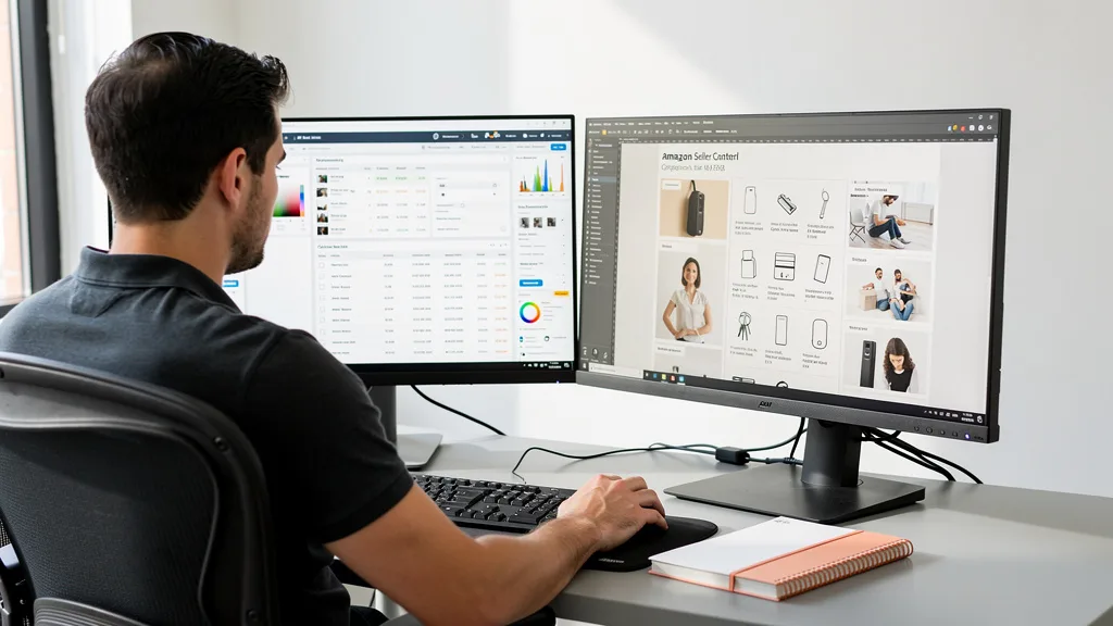 Click to manage / replace image Designer creating an infographic for an Amazon A+ Content page.