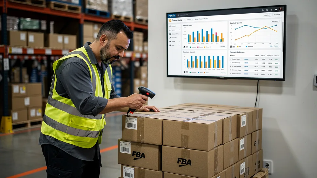 A warehouse manager uses a scanner for FBA inventory while a forecasting dashboard is visible in the background.
