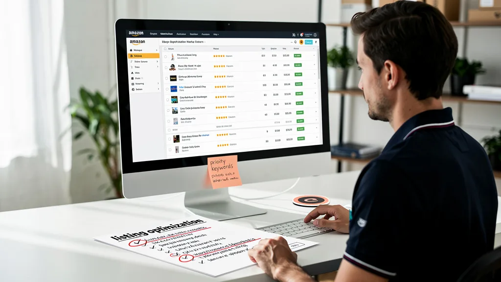 Click to manage / replace image An Amazon seller inputting strategic keywords into the backend search terms field in Seller Central.