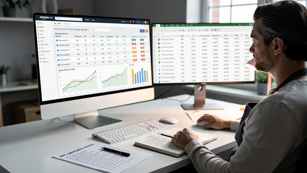 A business owner plans their Amazon ad budget with a calculator and laptop.
