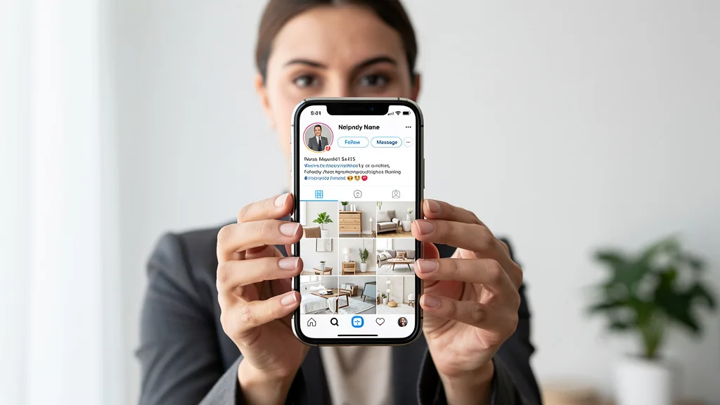 Click to manage / replace image A smartphone displaying an optimized Instagram business profile with a clear bio and a visually appealing photo grid.
