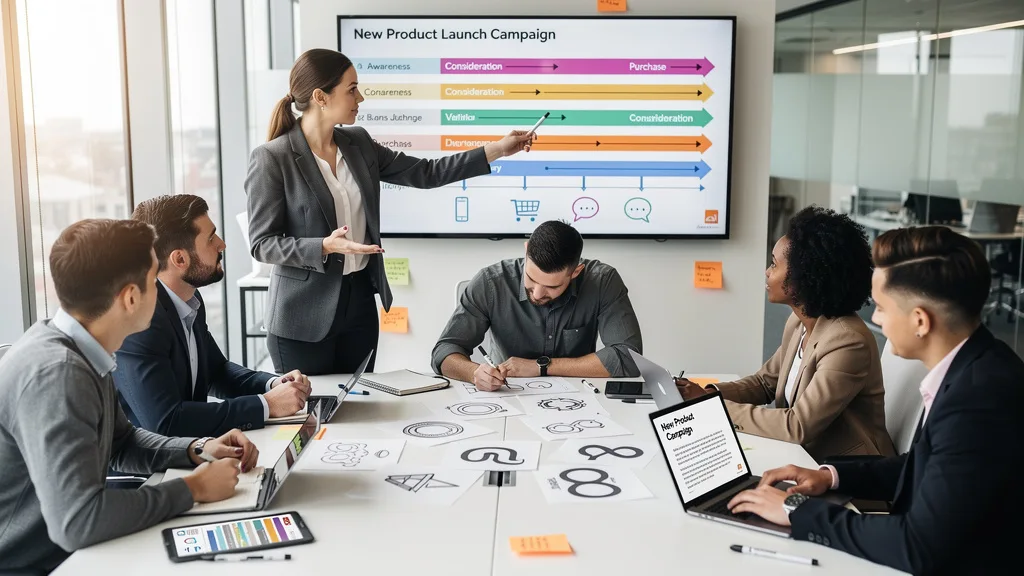 A marketing team in a full-service agency collaborating on a comprehensive brand launch strategy.