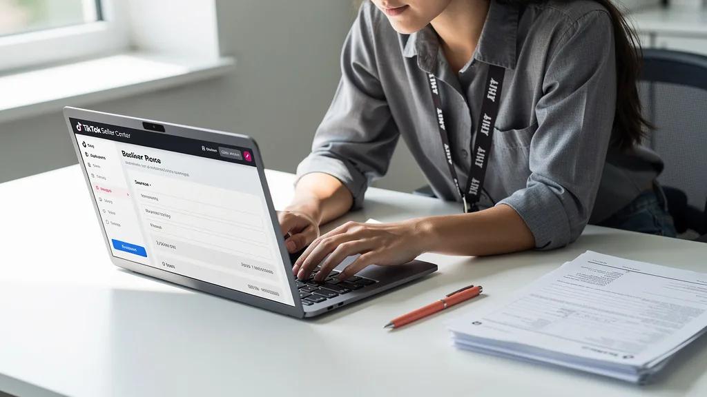 A seller filling out the business registration form in the TikTok Seller Center on a laptop.