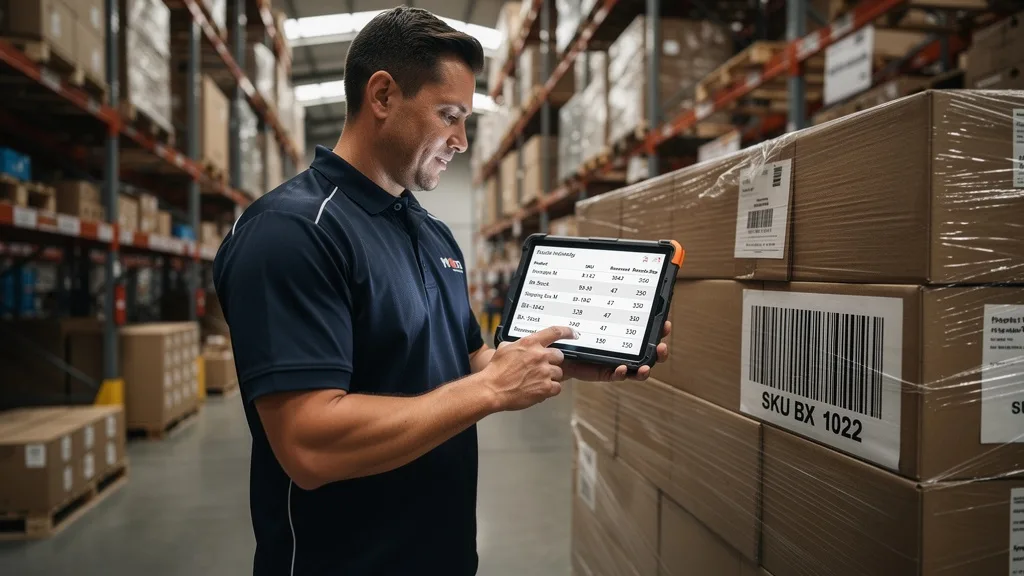 An FBA seller managing inventory levels on a tablet in a warehouse to prevent stockouts after Prime Day.