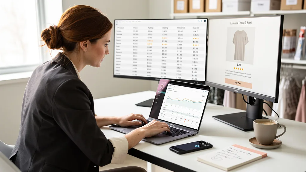 An Amazon seller populating a competitor analysis spreadsheet on their laptop to organize research data.
