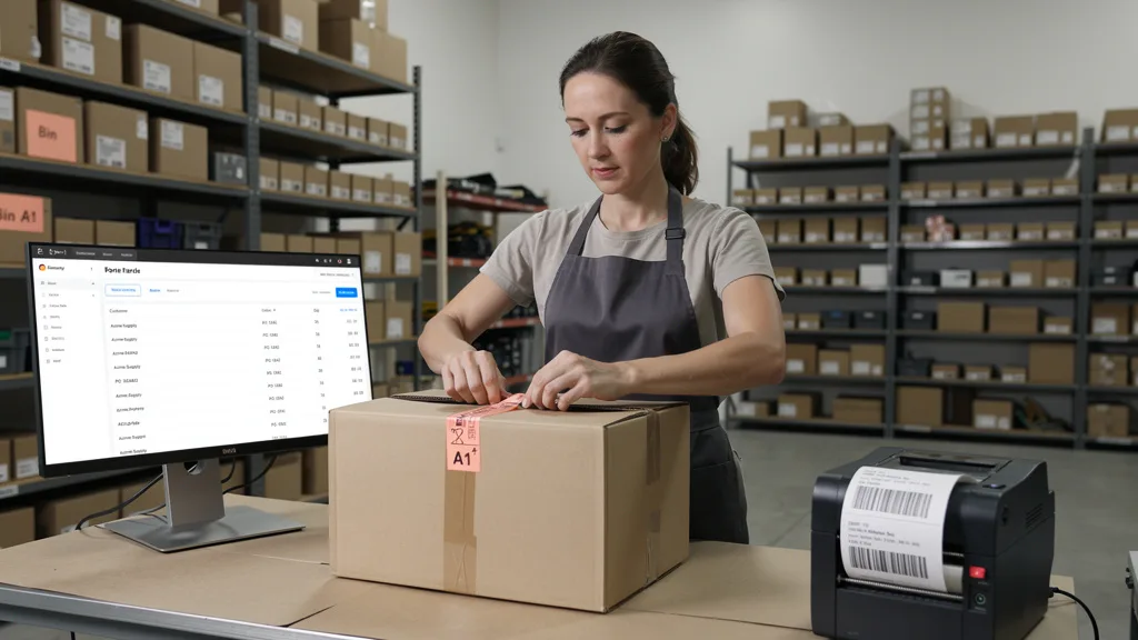 Click to manage / replace image A seller managing their own B2B order fulfillment in a warehouse using the FBM model.