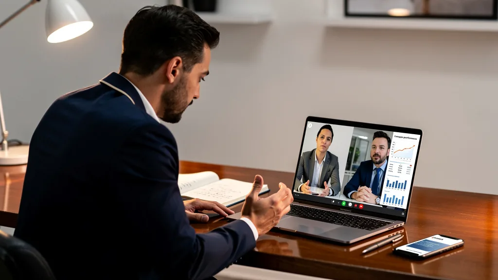 Click to manage / replace image A brand owner conducting an initial consultation with a potential Amazon agency via video call.