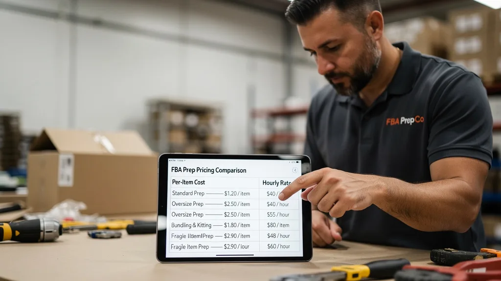 Comparing per-item and hourly FBA prep service pricing models on a tablet.