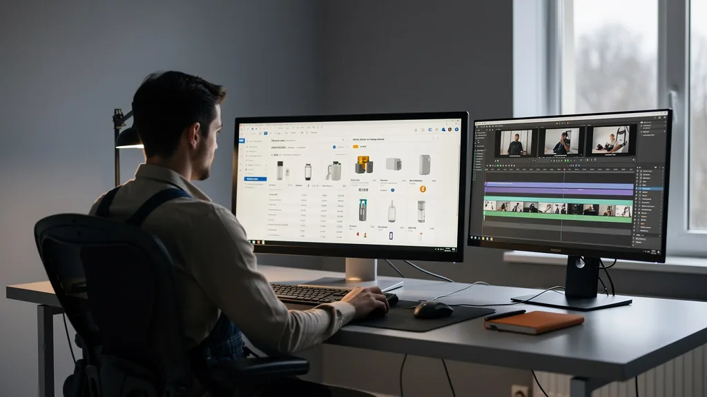 Click to manage / replace image A creative professional designing Amazon A+ Content and a product video for a listing.