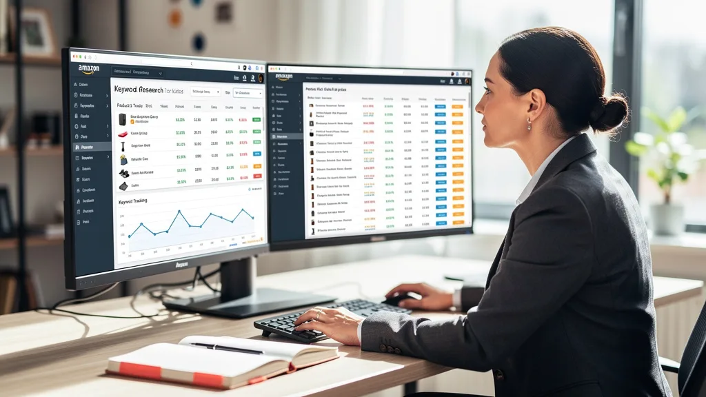 Using a specialized Amazon competitor analysis tool on a laptop to track keyword performance and sales.