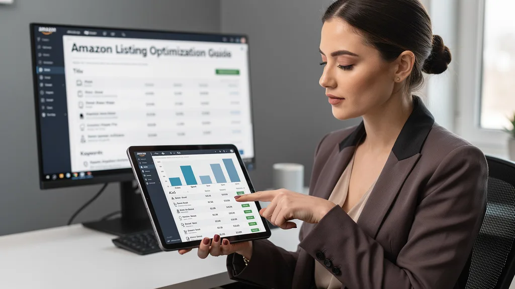 An Amazon seller analyzing their PPC campaign performance on a tablet, focusing on ACoS and sales data.