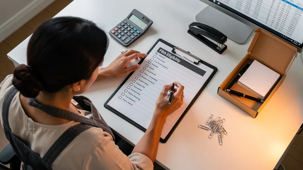 Click to manage / replace image A checklist for verifying Amazon FBA eligibility for office products.