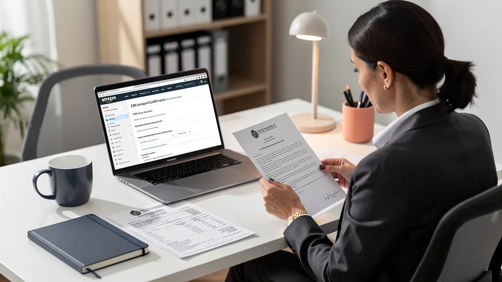 A collection of documents including a business license and tax ID form prepared for an Amazon Business account application.
