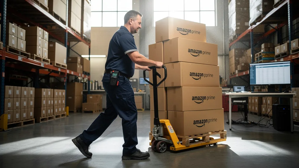 Warehouse worker receiving a consolidated shipment of supplies delivered via Amazon Business Prime.