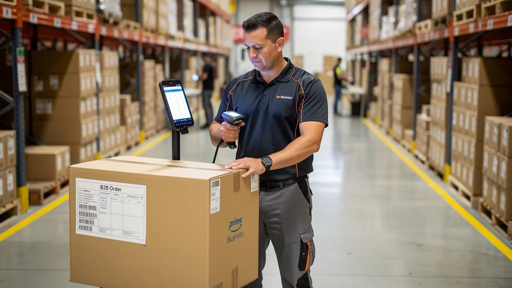 Warehouse staff efficiently processing a large Amazon Prime Business order for fast delivery.