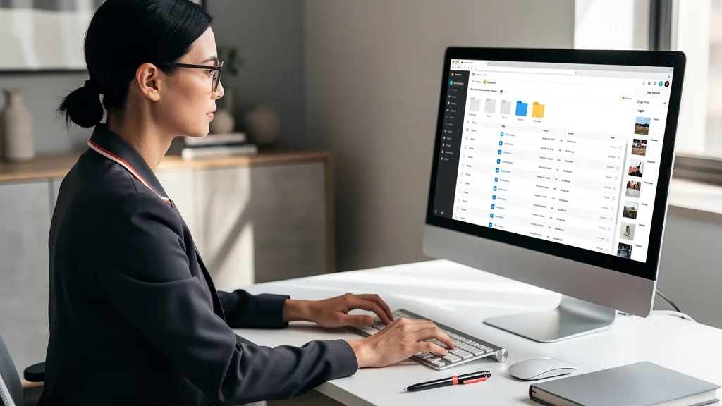Marketing team member organizing brand assets for an Amazon agency client.