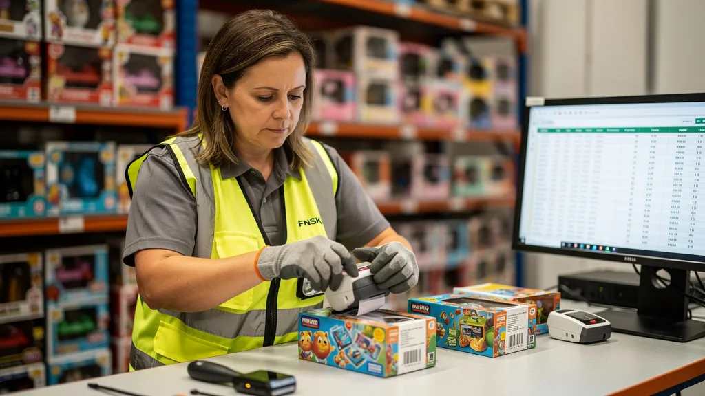 A worker applies an FNSKU label to a toy package, covering the original barcode.