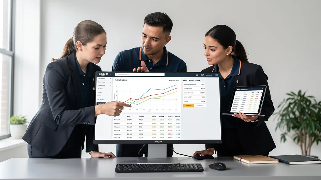 Click to manage / replace image An in-house Amazon team collaborating on sales performance data in their office.