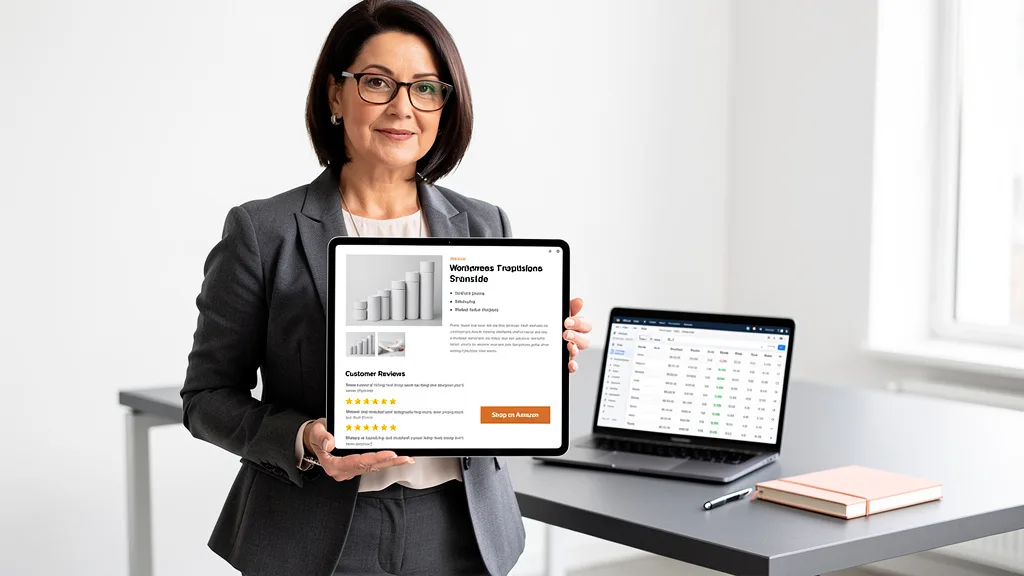 Click to manage / replace image A detailed product page on a WordPress site designed to drive interest to an Amazon listing.