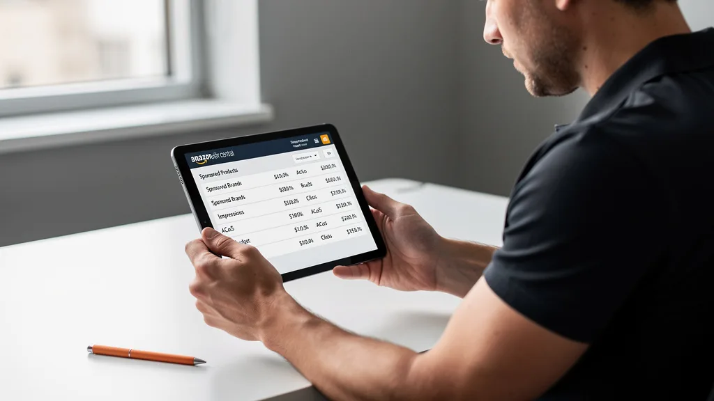 An Amazon seller managing different PPC campaign types on a tablet.