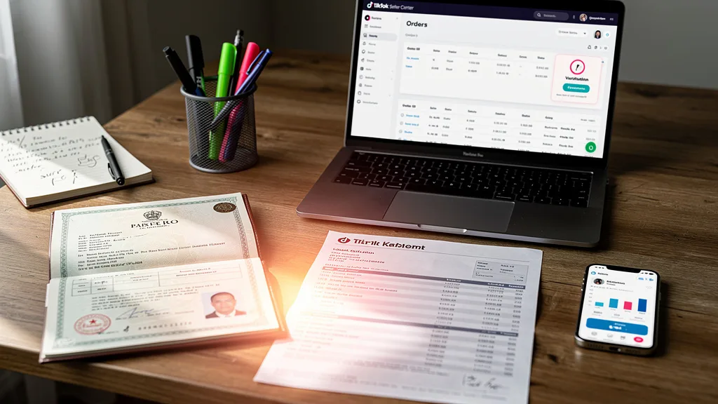 Essential documents like a business license and passport laid out for TikTok Shop verification.