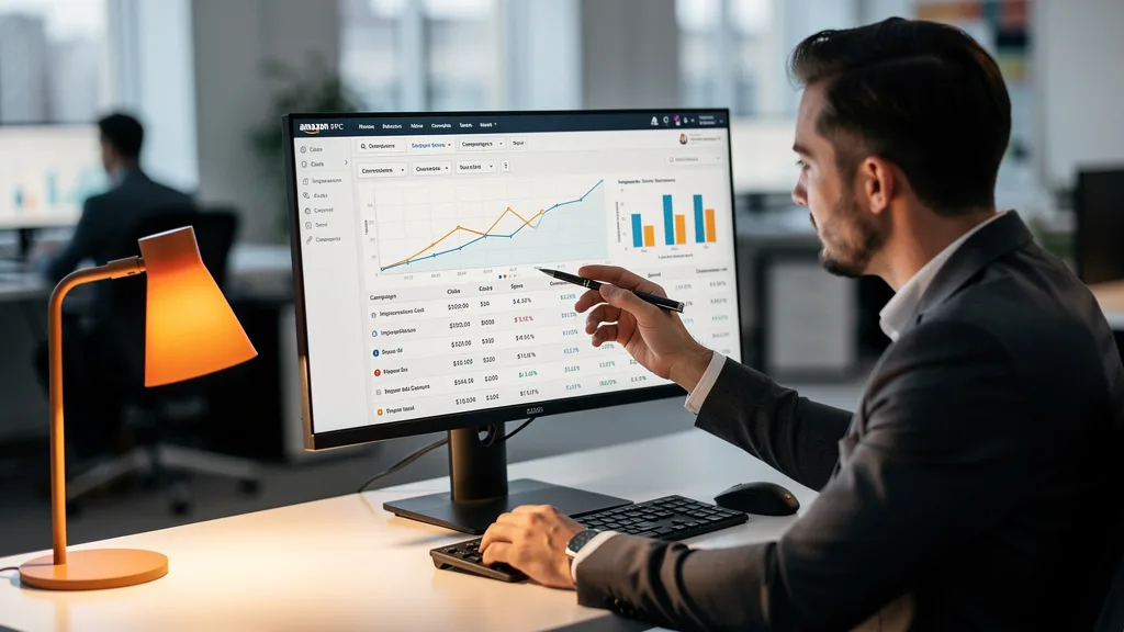 An analyst reviewing an Amazon PPC dashboard with performance graphs and metrics.
