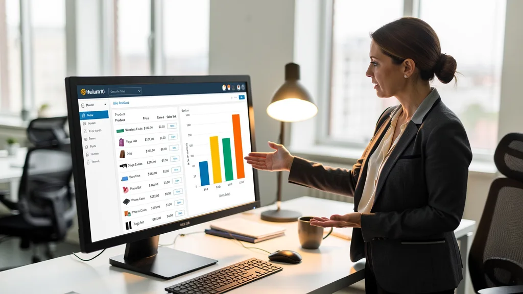 Click to manage / replace image A clear view of the Helium 10 dashboard on a large monitor, with the