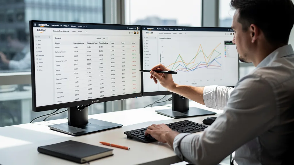 An all-in-one Amazon seller software suite displaying product and keyword research analytics.