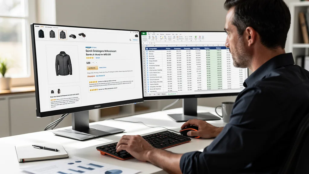 A detailed spreadsheet comparing Amazon product listings and competitor metrics side-by-side on a computer.