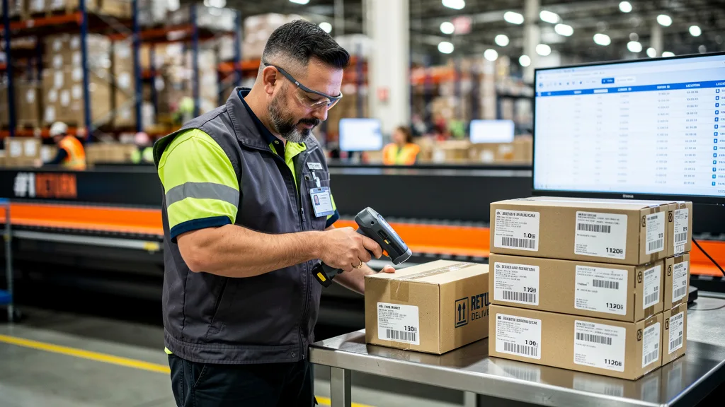 A warehouse employee processes an Amazon return with a handheld scanner.