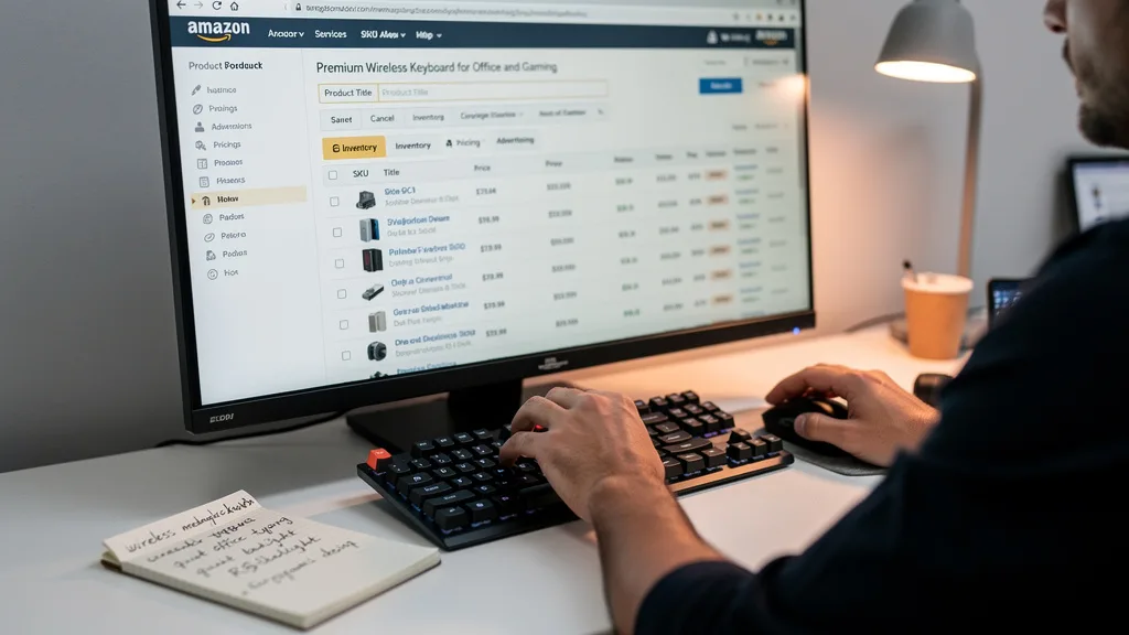 Click to manage / replace image A seller carefully crafting a keyword-rich product title in Amazon Seller Central to improve search ranking.