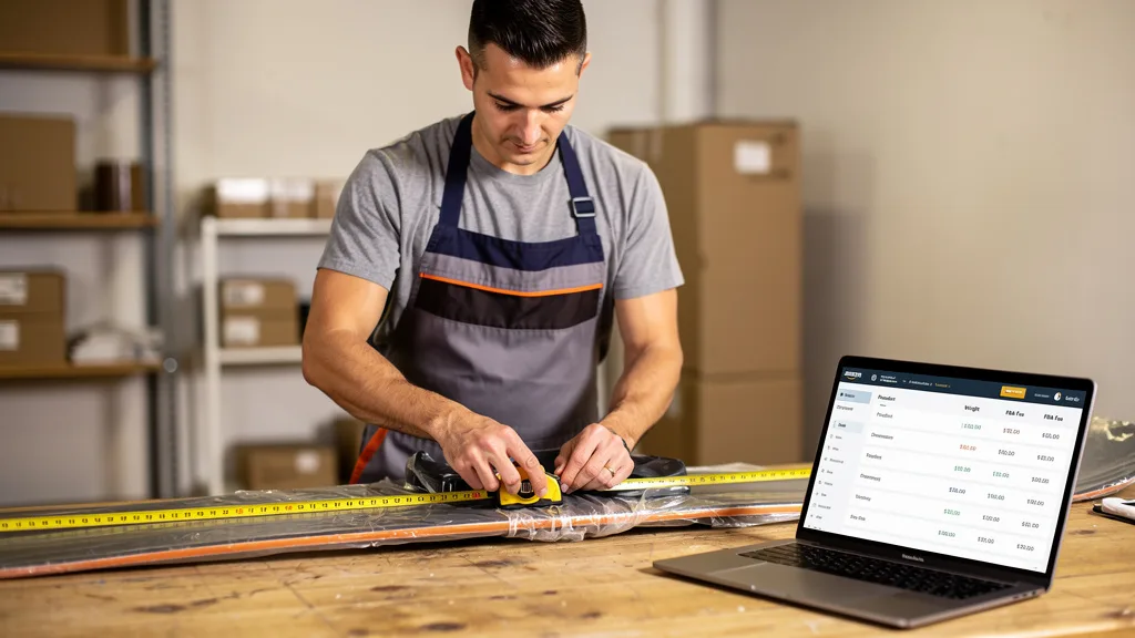 An Amazon seller measuring a large sports product to calculate its FBA size tier and associated fees.