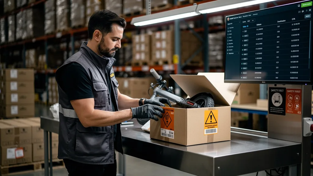 A product containing a lithium-ion battery being labeled for a hazmat review in an Amazon facility.
