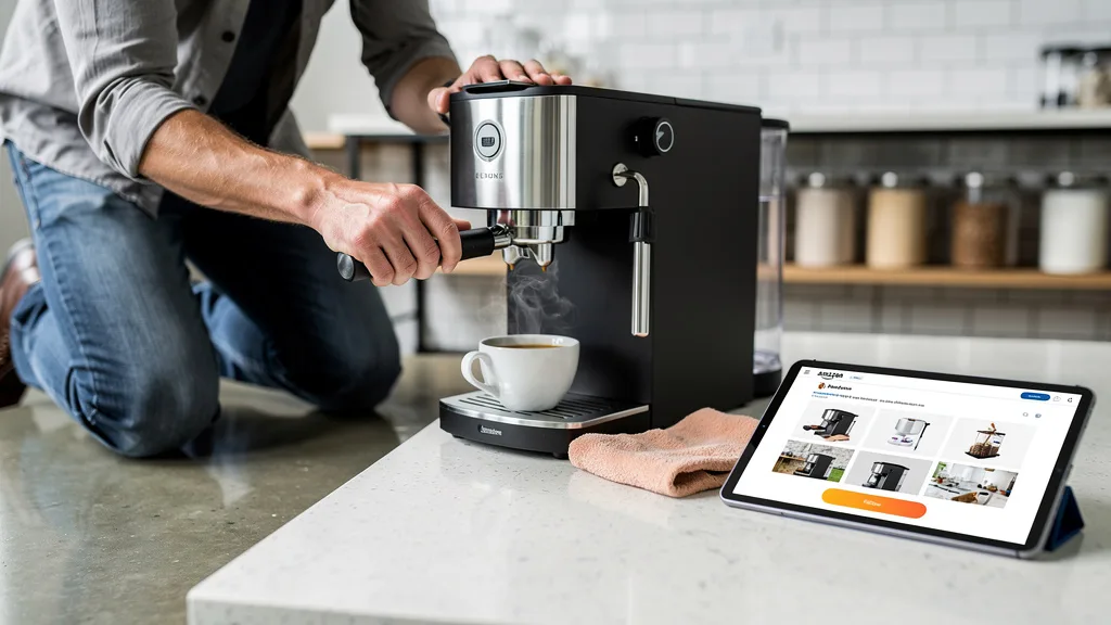 A lifestyle product photoshoot for an Amazon Post, showing a coffee maker in a kitchen setting.
