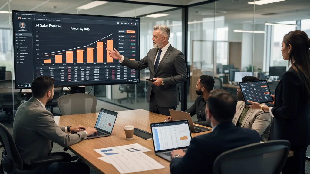A business team meets to discuss Q4 sales forecasting using Prime Day performance data.