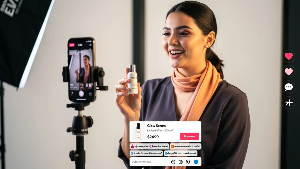 A creator showcasing a product during a TikTok LIVE with a shoppable link visible.