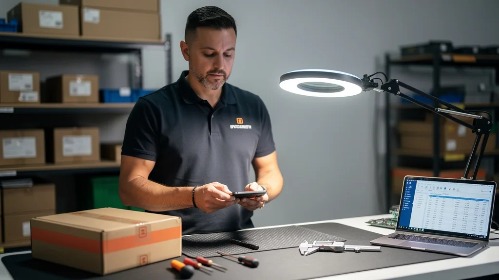 Click to manage / replace image A quality control check being performed on a product before it is packaged for an Amazon order.