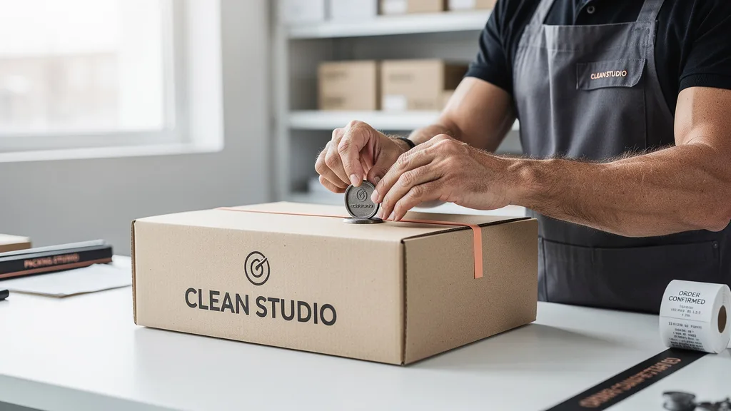 A close-up photograph of a premium product box, showing a professionally printed brand name and logo