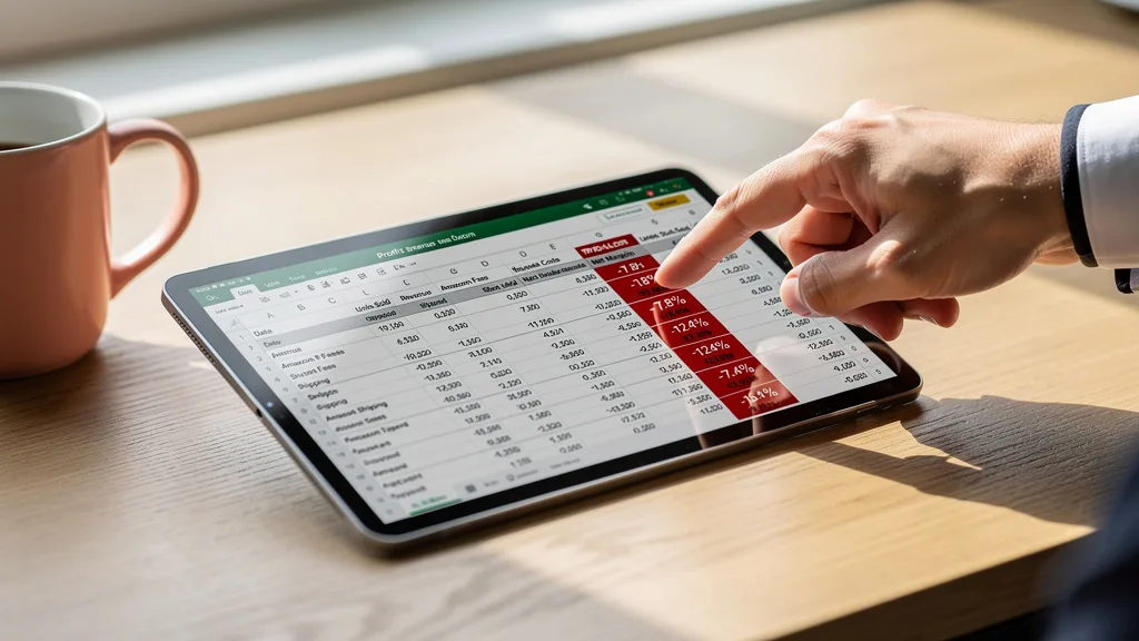 A tablet showing a financial spreadsheet with profit margins highlighted in red.