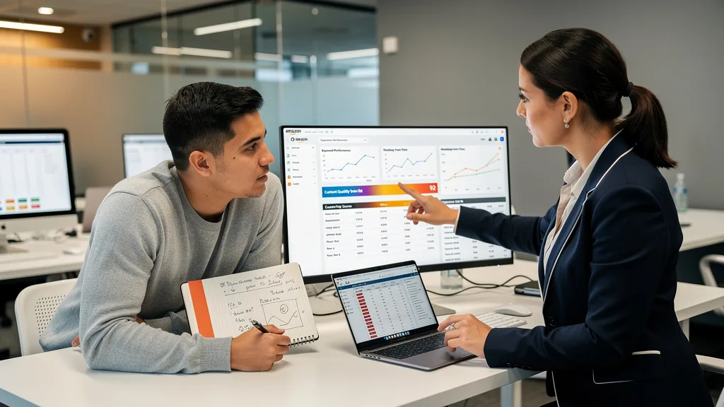 A team of Amazon experts using a full listing tool to analyze data and plan their optimization strategy.