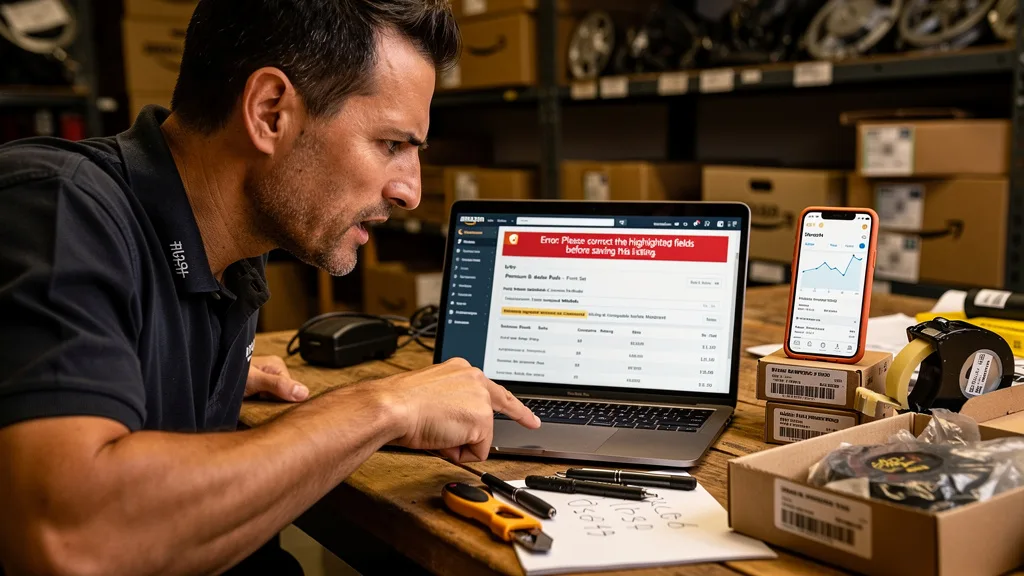 Click to manage / replace image Amazon seller troubleshooting an error message for required automotive fit type.