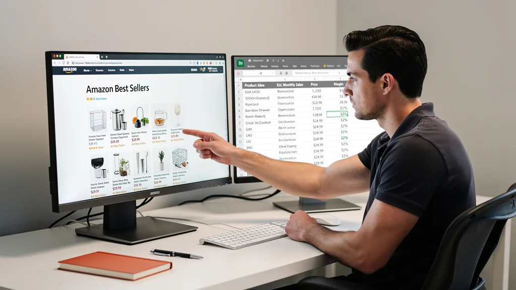 Click to manage / replace image A seller compiling a list of potential product ideas from the Amazon Best Sellers list into a spreadsheet for analysis.