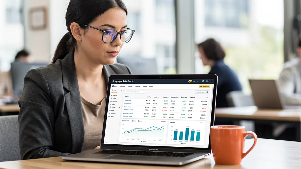 Click to manage / replace image A freelance Amazon specialist managing a seller account from a co-working space.